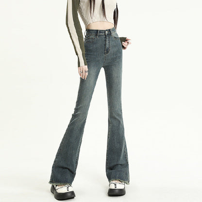 Women Fashion Casual Solid Color Raw Hem Denim Flared Jeans