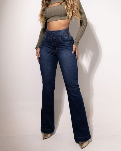 Women Fashion Casual Solid Color High Waist Button Slim-Fit Jeans