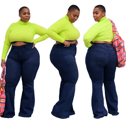 Women Casual Solid Color Plus Size Wide-Leg Jeans