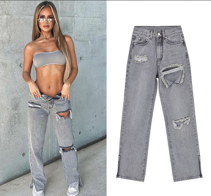 Women Fashion Casual Straight Ripped Jeans