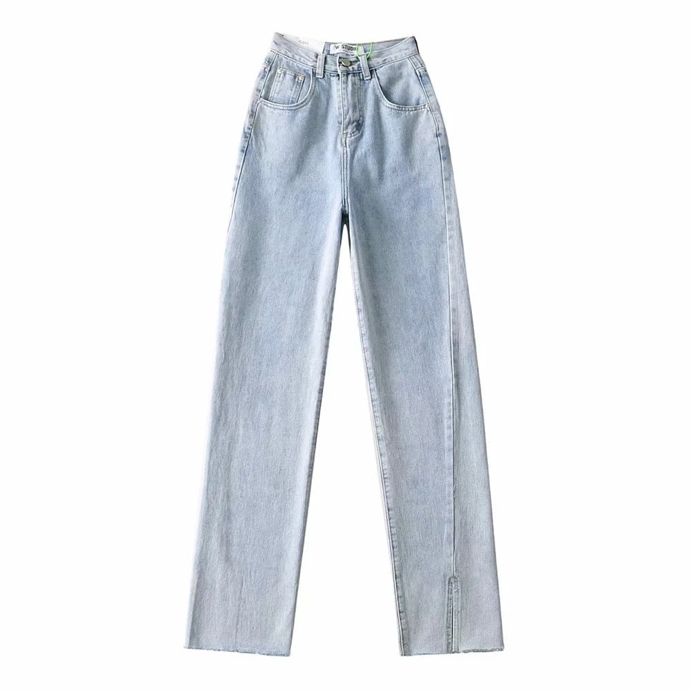Women Fashion Casual Solid Color Defined Waist Denim Jeans