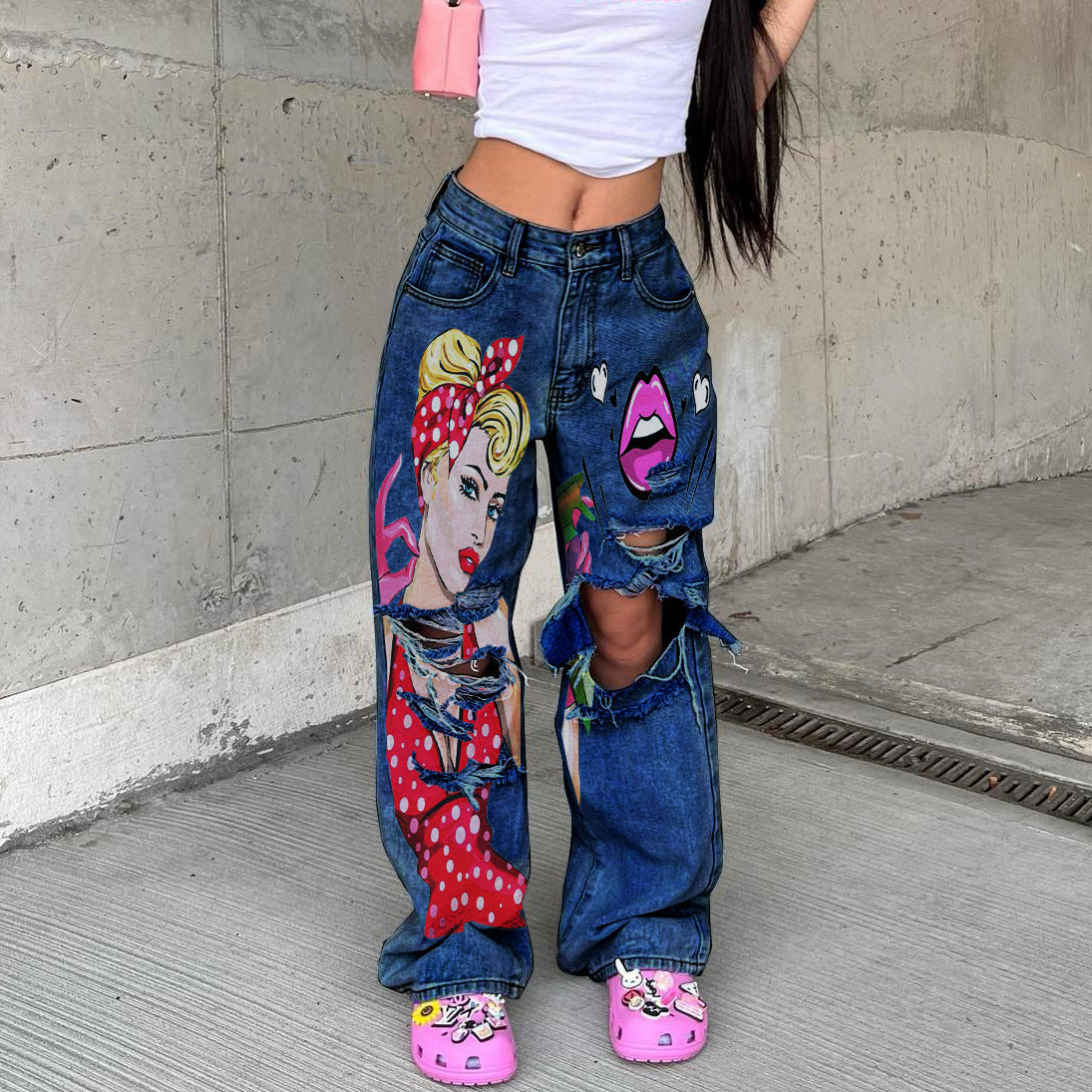Women Casual Street Vintage Washed High Waist Wide Leg Graphic Ripped Loose Jeans