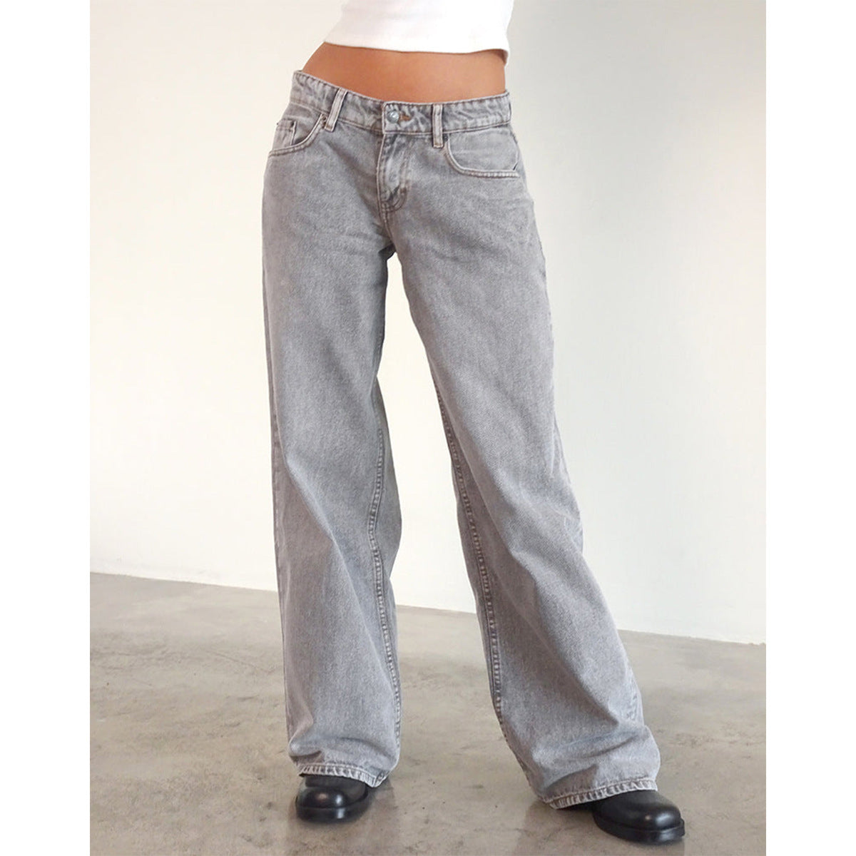 Women Casual Reteo Solid Color Low Waist Straight Jeans