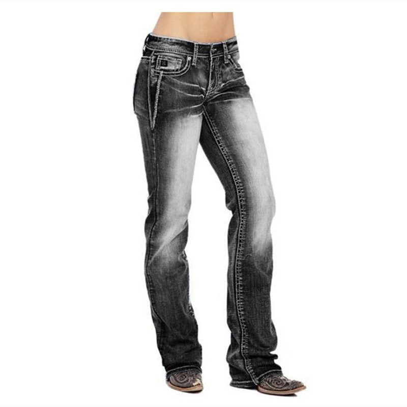 Women Fashion Casual Star Print Pocket Jeans