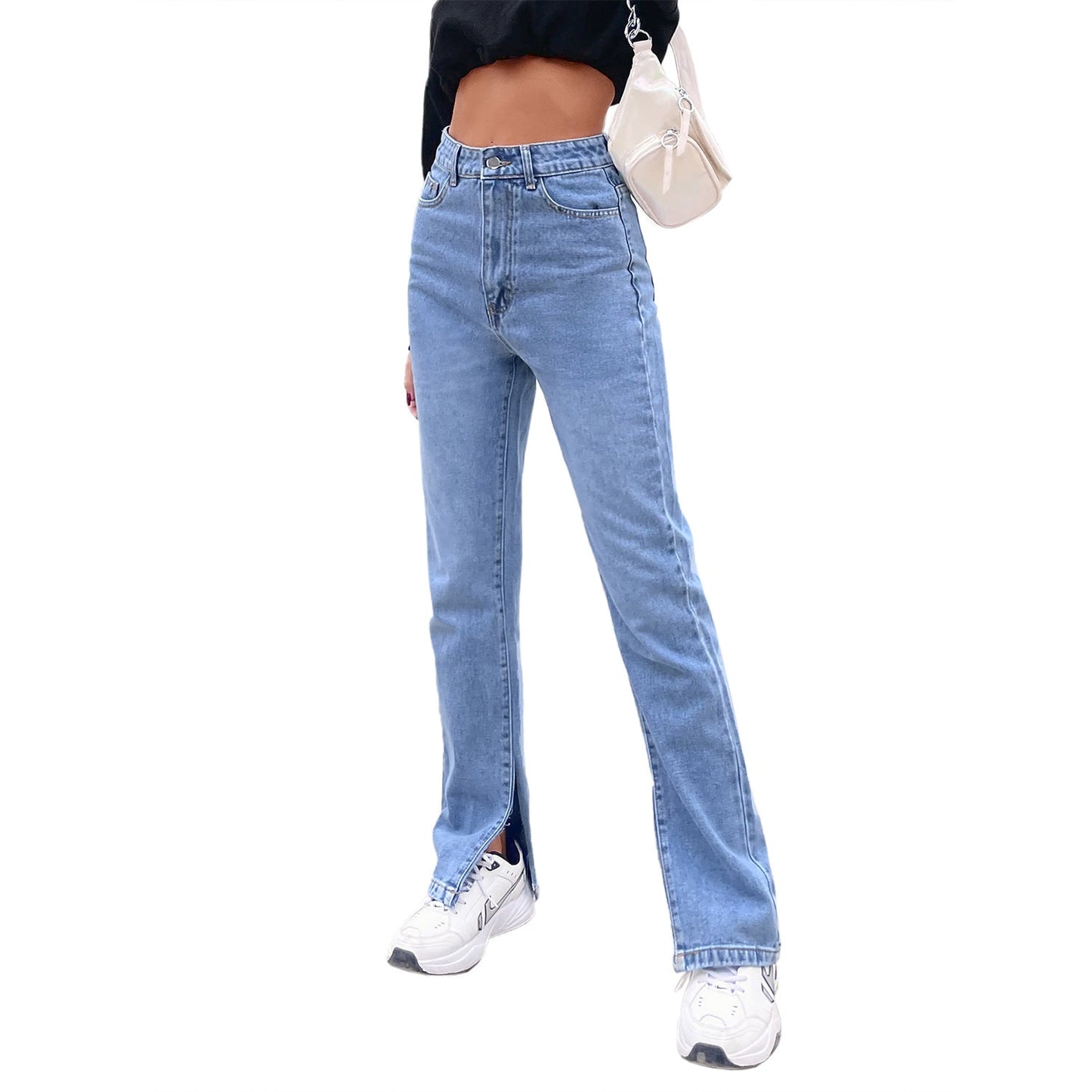 Women Fashion Casual High Waist Denim Trousers Spring Summer Side-Slit Basic Solid Straight Jeans