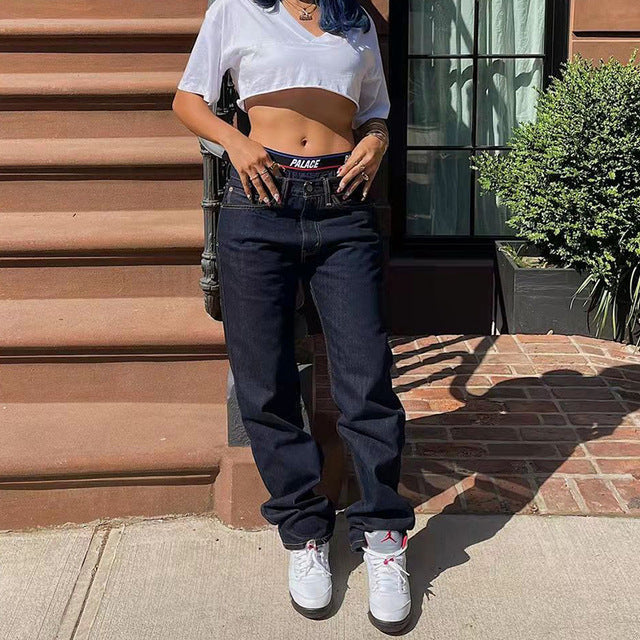 High Waist Straight Pants Washed Cotton Denim Women Casual Low Waist Jeans