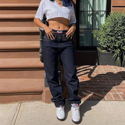 High Waist Straight Pants Washed Cotton Denim Women Casual Low Waist Jeans