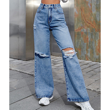 Women Fashion Casual High Waist Wide Leg Ripped Jeans