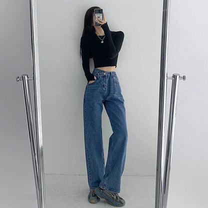 Women Fashion Casual Slant Buckle Irregular High Waist Straight Jeans