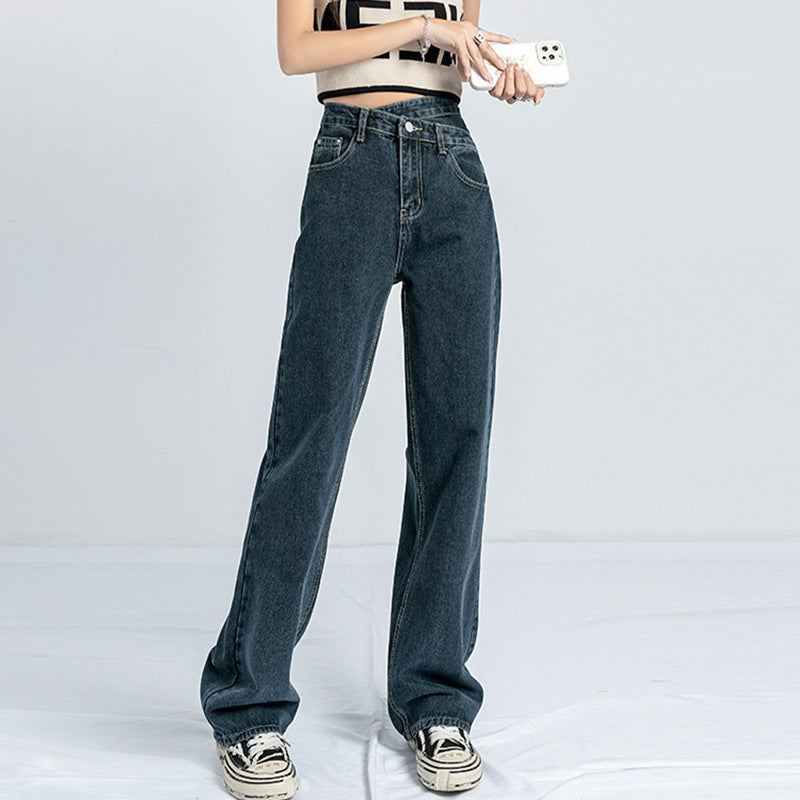Women Fashion Casual Slant Buckle Irregular High Waist Straight Jeans