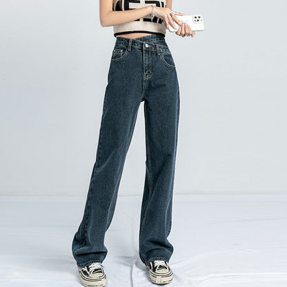 Women Fashion Casual Slant Buckle Irregular High Waist Straight Jeans