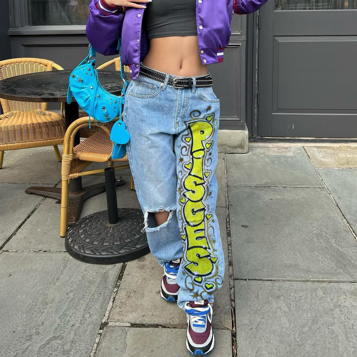 Women Edgy Casual Ripped Letter Printing Wide Leg Jeans