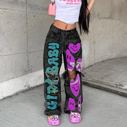 Women Fashion Casual Cut Out Graffiti Jeans