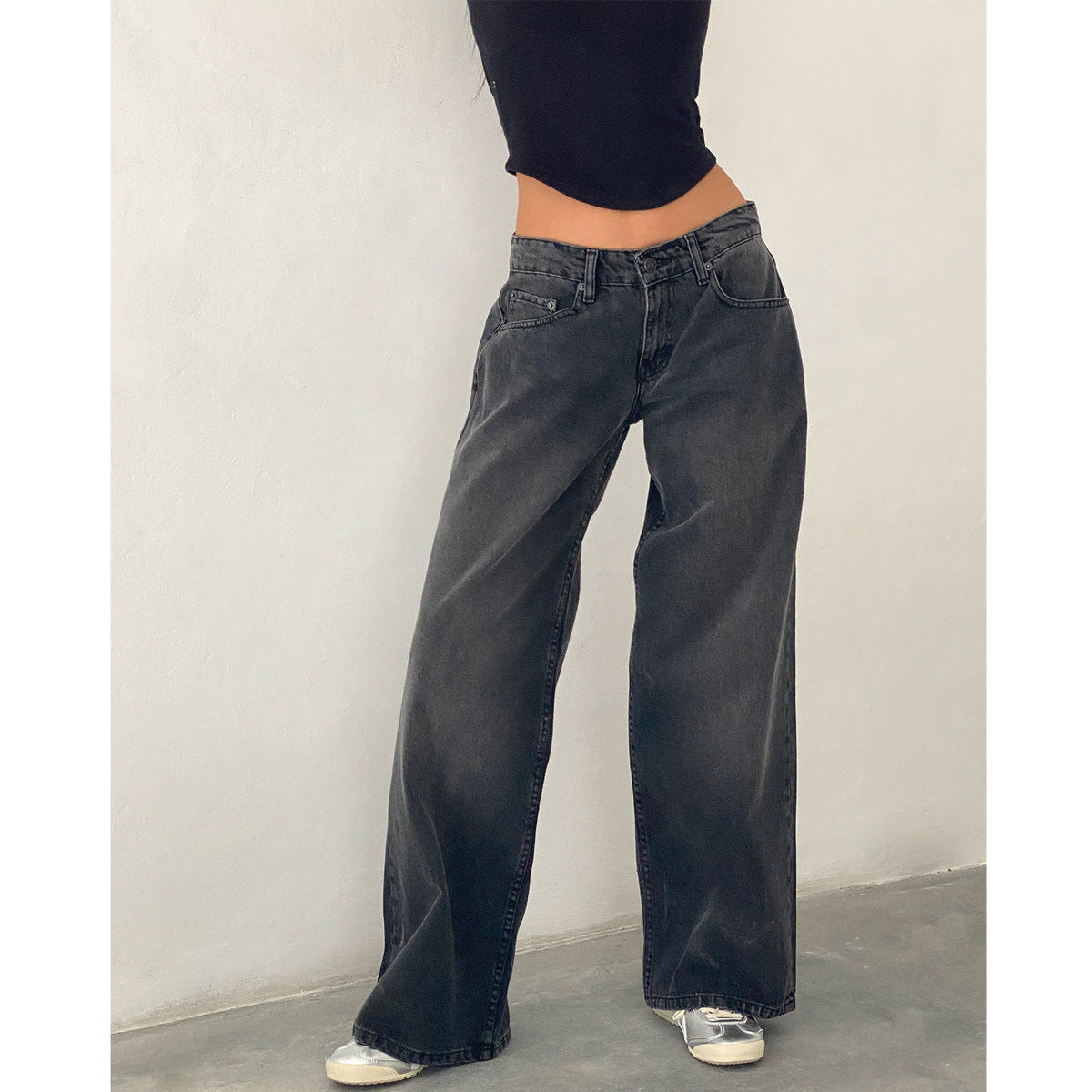 Women Casual Reteo Solid Color Low Waist Straight Jeans