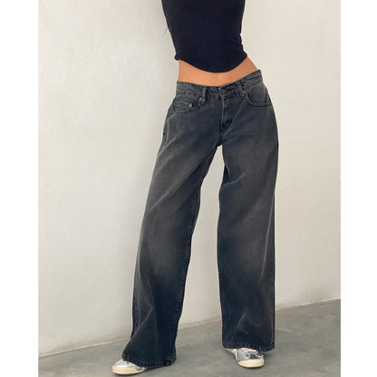 Women Casual Reteo Solid Color Low Waist Straight Jeans