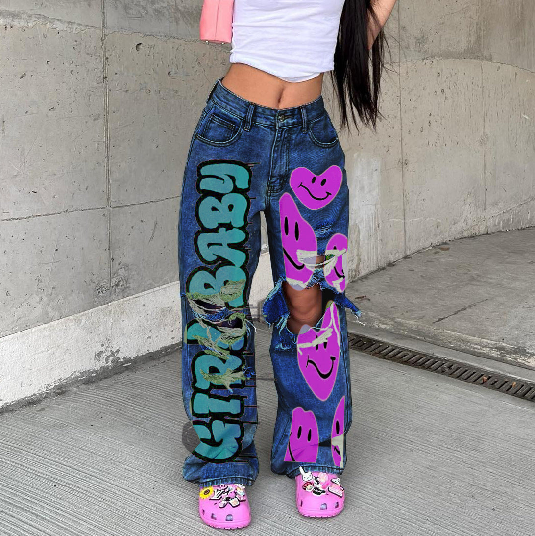 Women Fashion Casual Cut Out Graffiti Jeans