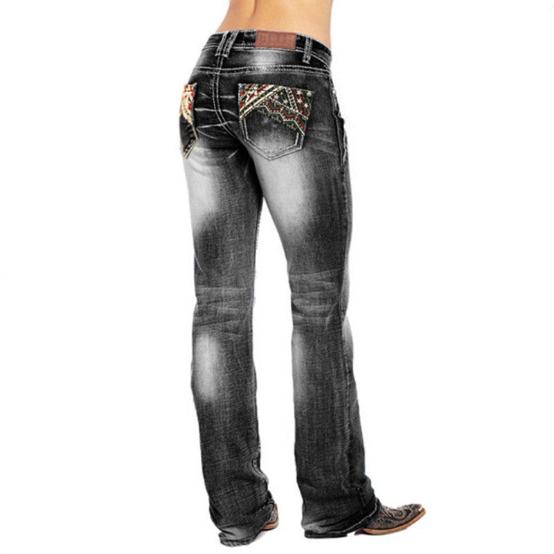 Women Fashion Casual Star Print Pocket Jeans