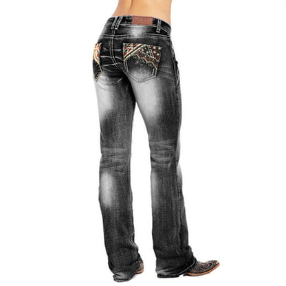 Women Fashion Casual Star Print Pocket Jeans