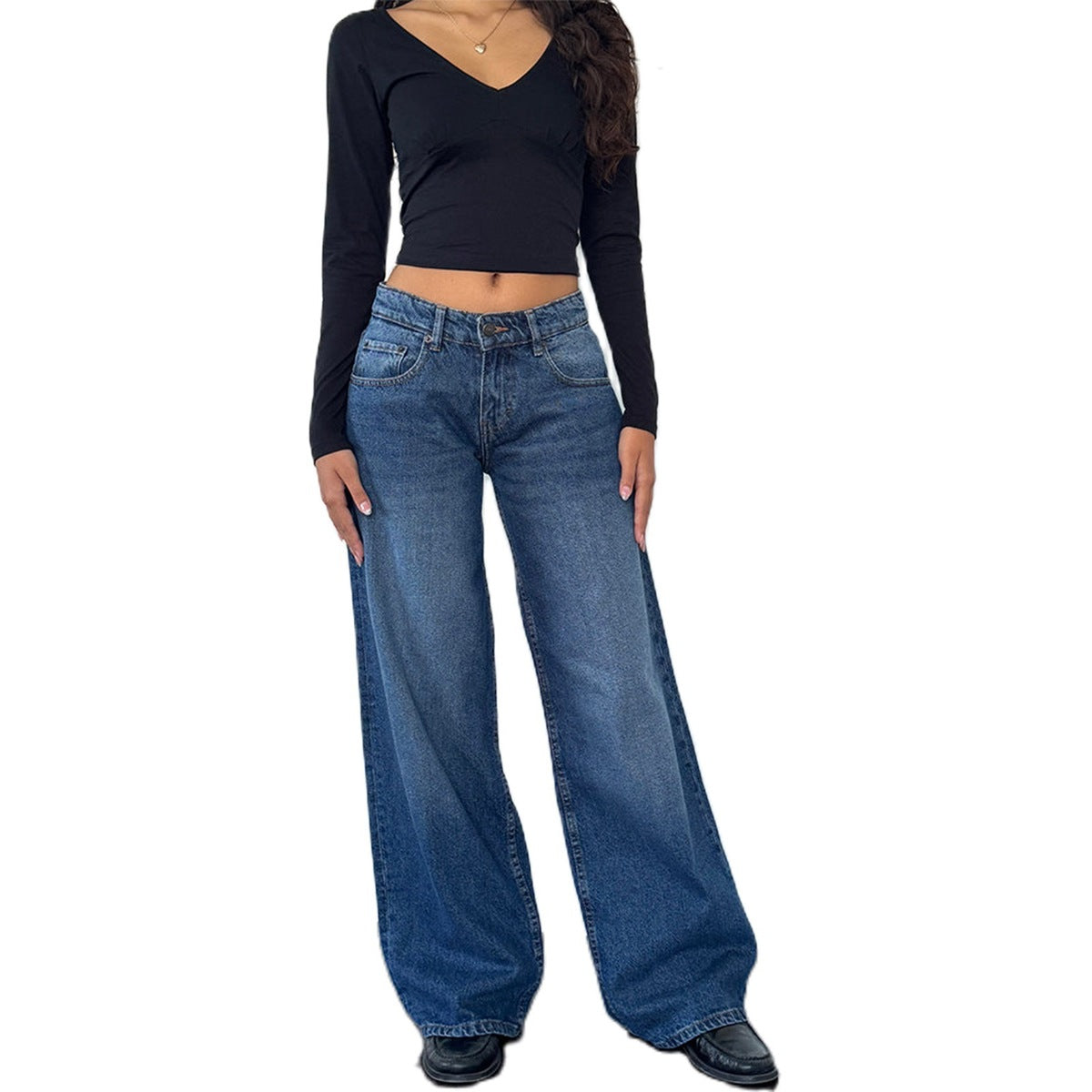 Women Casual Reteo Solid Color Low Waist Straight Jeans