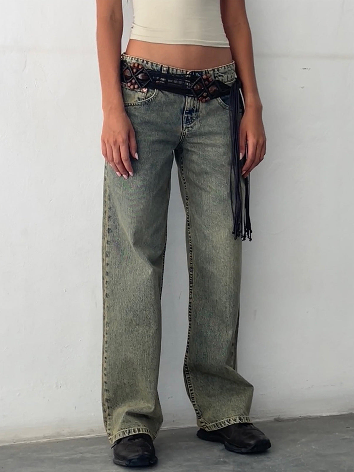 Women Fashion Casual Straight Wide Leg Jeans