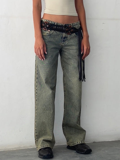 Women Fashion Casual Straight Wide Leg Jeans
