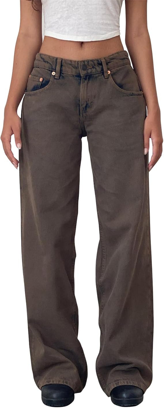 Women Casual Reteo Solid Color Low Waist Straight Jeans
