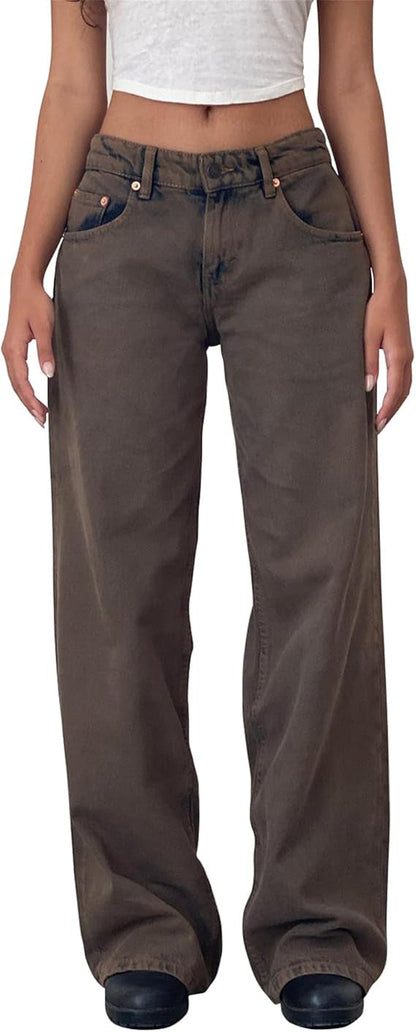 Women Casual Reteo Solid Color Low Waist Straight Jeans