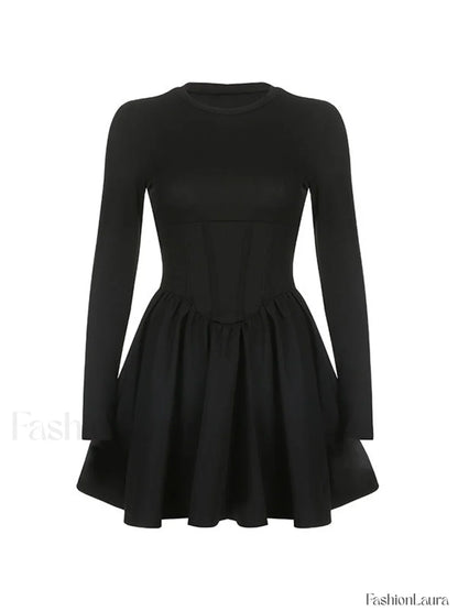 Corset Detail Black Long Sleeve Mini Dress