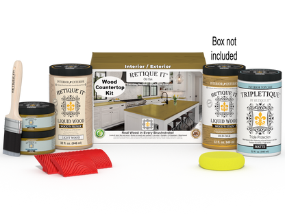 Retique It Old Oak countertop kit with stain options, featuring a full kitchen setup on a natural wood surface.