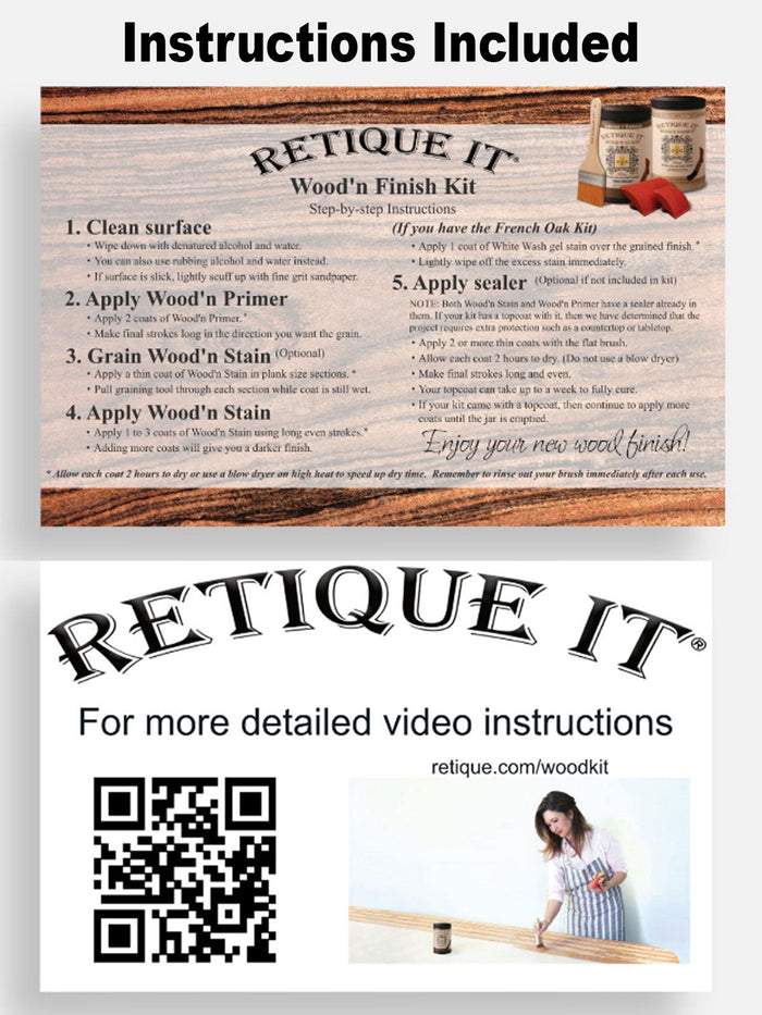 Retique It Old Oak countertop kit with stain instructions for full kitchen renovation, showing application process and tools.