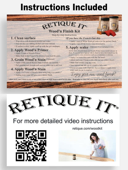 Retique It Old Oak countertop kit with stain instructions for full kitchen renovation, showing application process and tools.