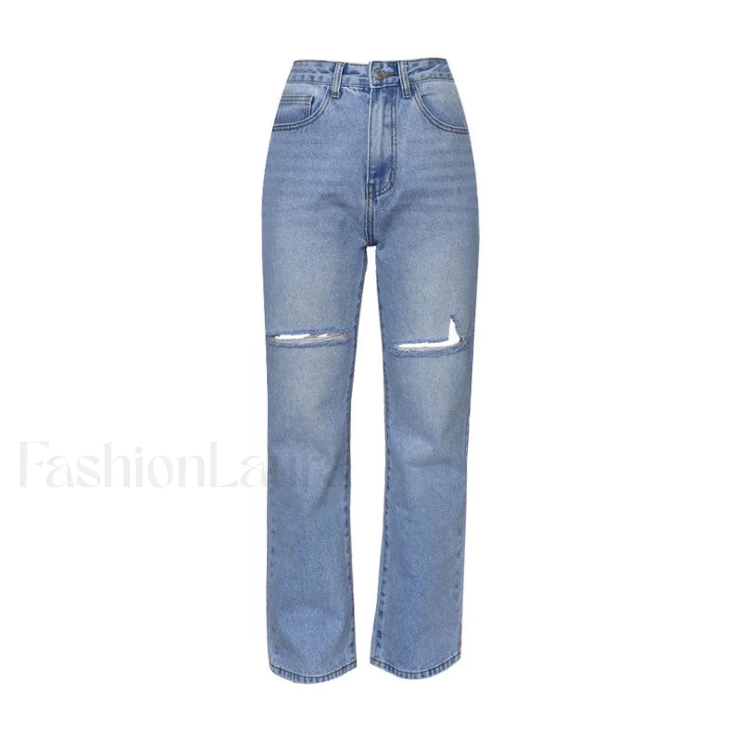 Cut Out High Waist Frayed Straight Leg Jeans - Light Blue