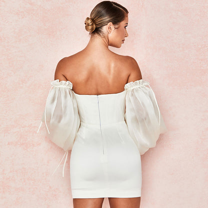 Cute Off Shoulder Puff Sleeve Bodycon Party Mini Dress - White