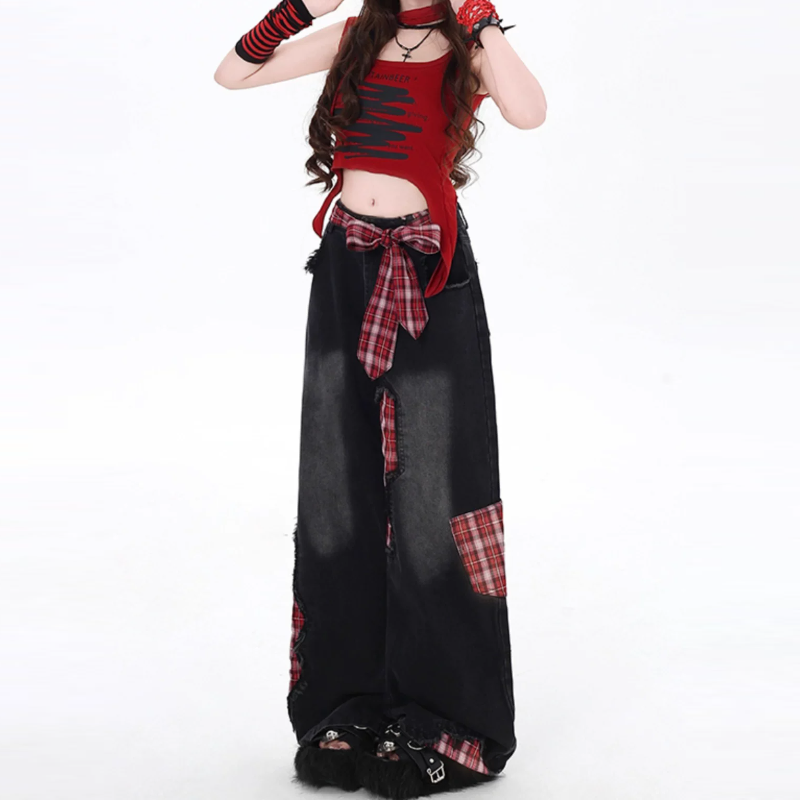 Plaid patchwork raw hem low rise straight leg | Baggy Low Rise Jeans  | Festival Outfits Women