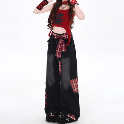 Plaid patchwork raw hem low rise straight leg | Baggy Low Rise Jeans  | Festival Outfits Women