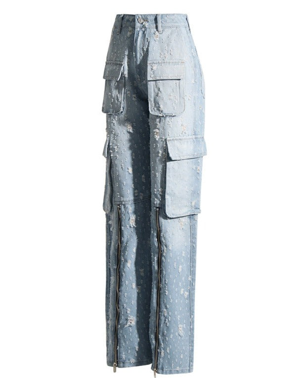 High Waist Loose Ripped Cargo Jeans