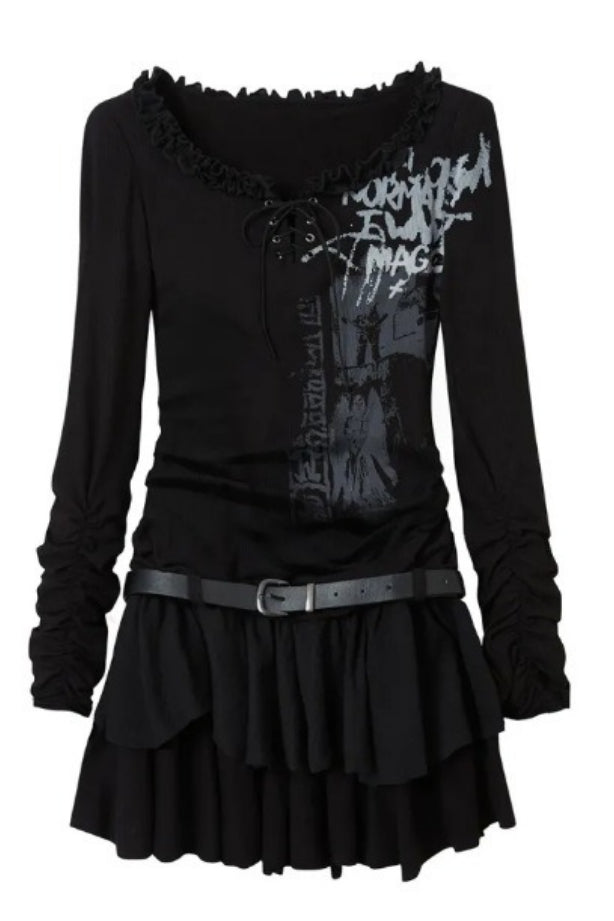 Printed Strappy Long Sleeve Punk Mini Dress