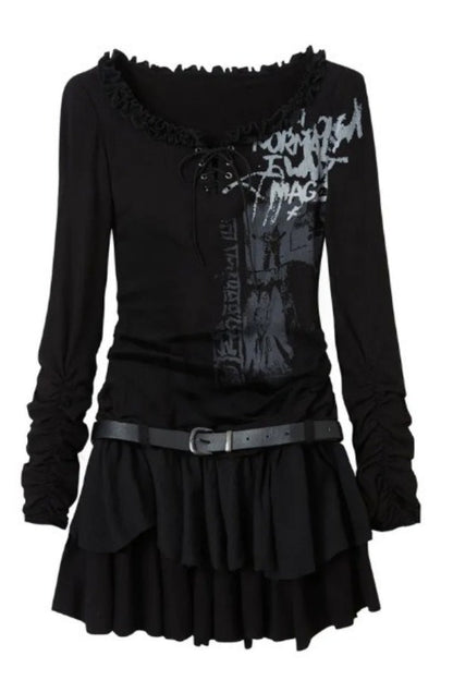 Printed Strappy Long Sleeve Punk Mini Dress