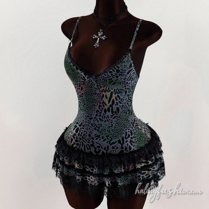 Leopard print lace hem v neck cami mini dress