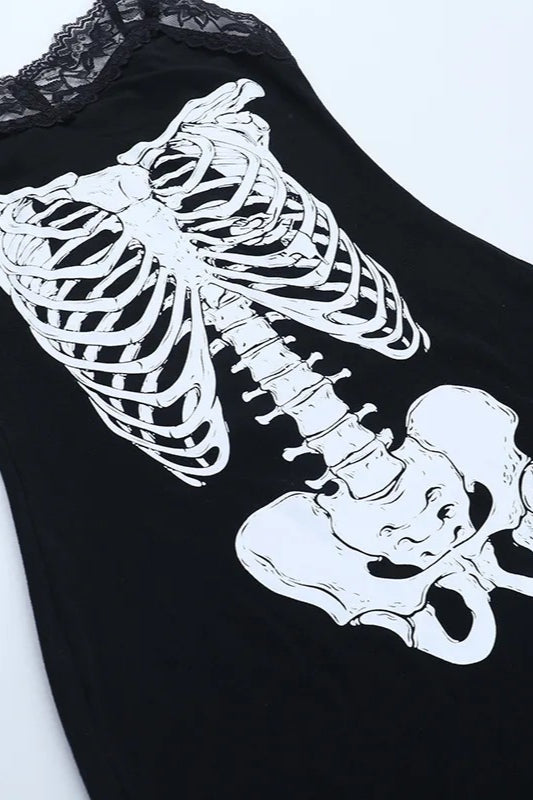 Skull Print Lace Patchwork Spaghetti Strap Bodycon Mini Dress