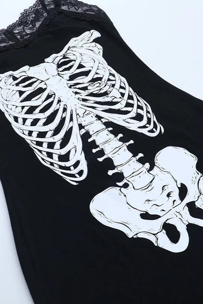 Skull Print Lace Patchwork Spaghetti Strap Bodycon Mini Dress