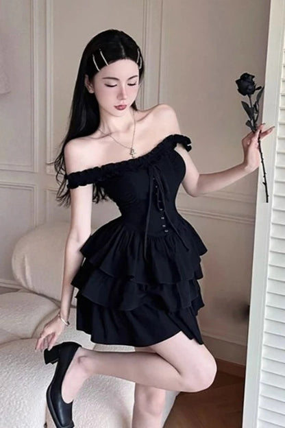 Black Off Shoulder Fringed Suspender Mini Dress