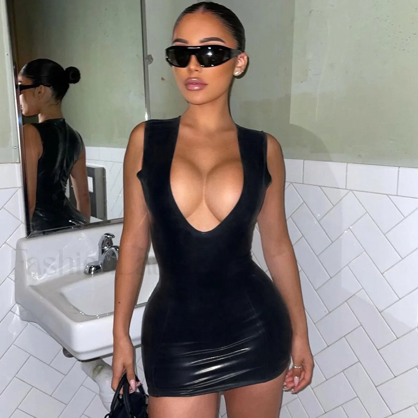 Deep V Neck Sleeveless Bodycon Club Mini Dress - Black