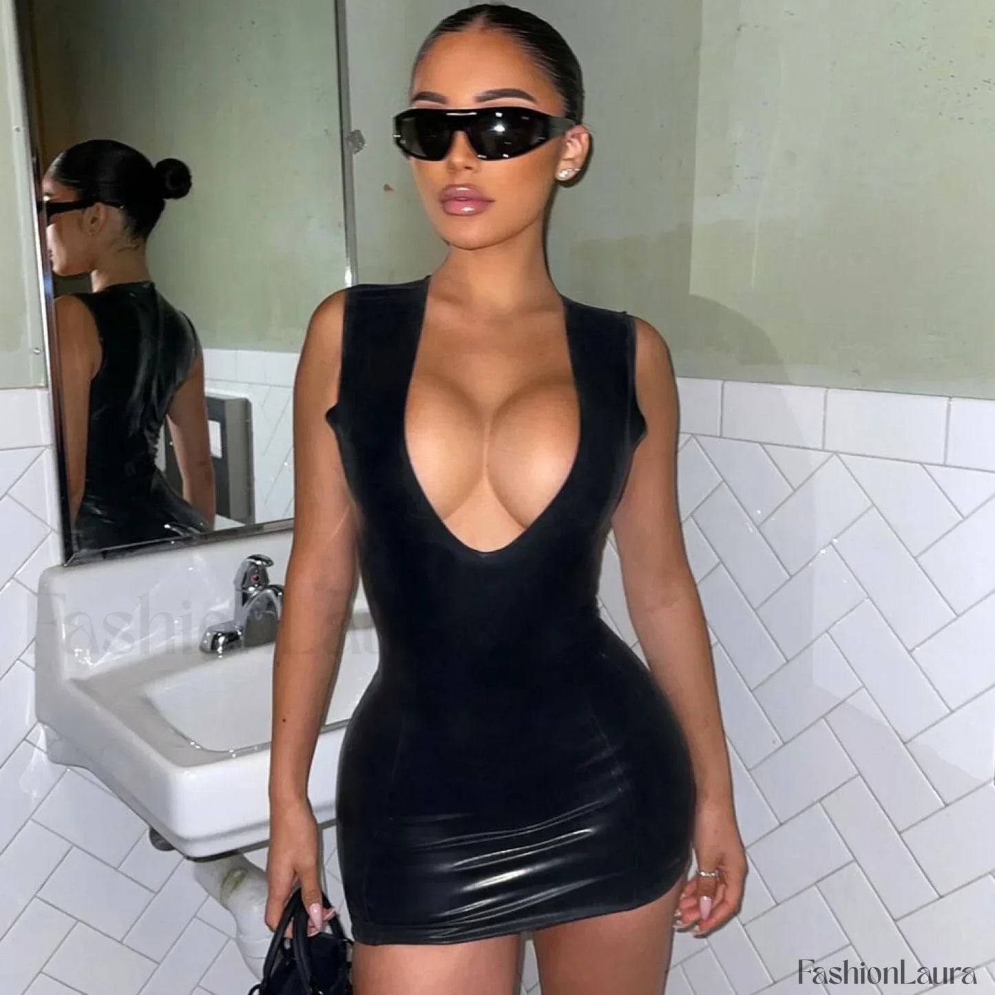 Deep V Neck Sleeveless Bodycon Club Mini Dress - Black