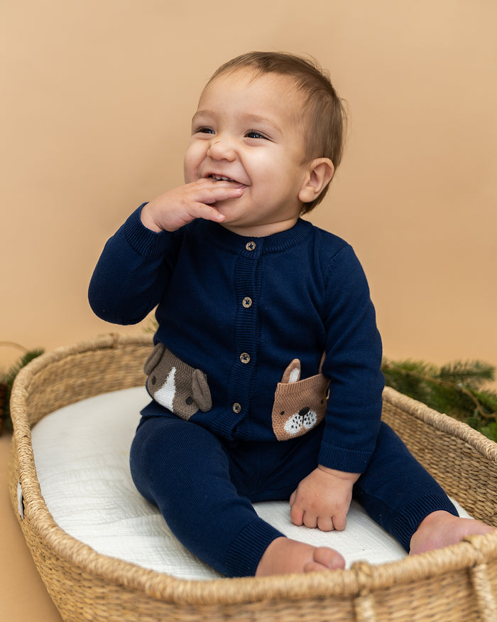 Dog Pocket Embroidered Sweater Knit Baby Cardigan (Organic Cotton)