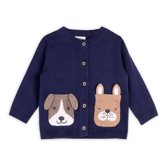 Dog Pocket Embroidered Sweater Knit Baby Cardigan (Organic Cotton)