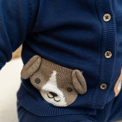 Dog Pocket Embroidered Sweater Knit Baby Cardigan (Organic Cotton)