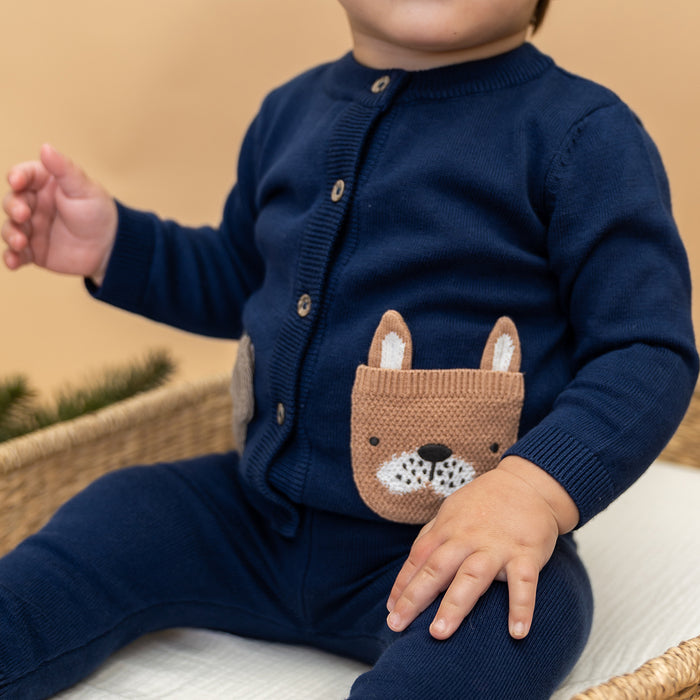 Dog Pocket Embroidered Sweater Knit Baby Cardigan (Organic Cotton)