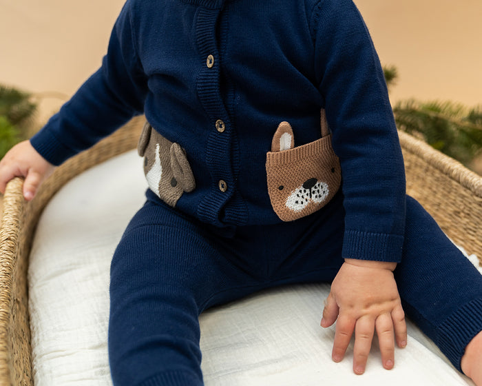 Dog Pocket Embroidered Sweater Knit Baby Cardigan (Organic Cotton)