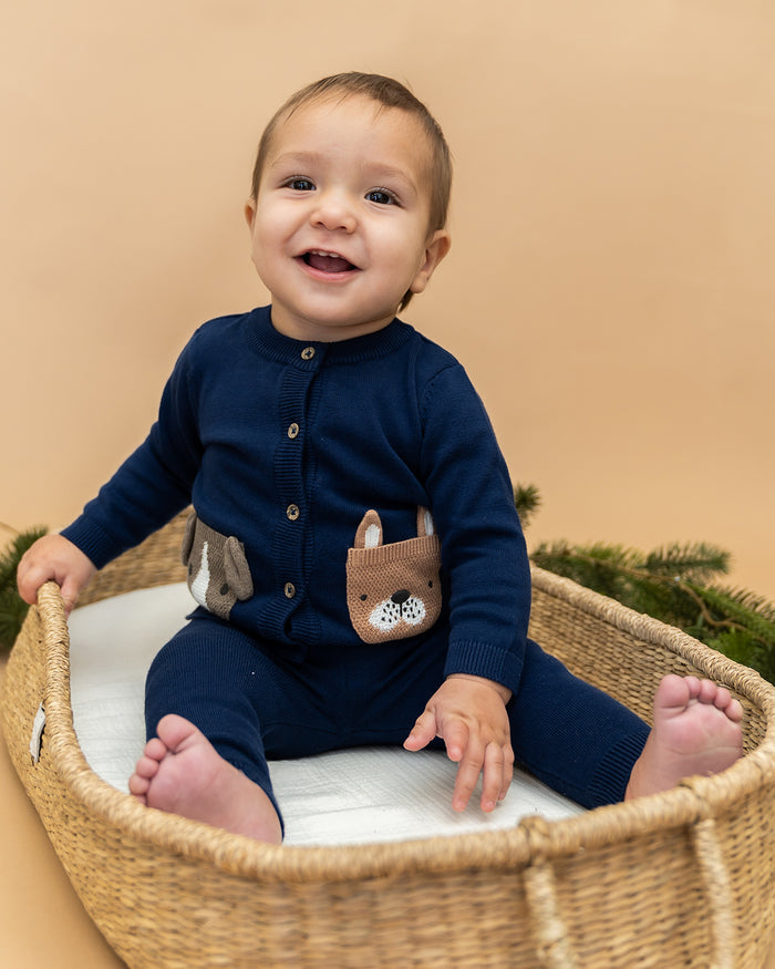 Dog Pocket Embroidered Sweater Knit Baby Cardigan (Organic Cotton)